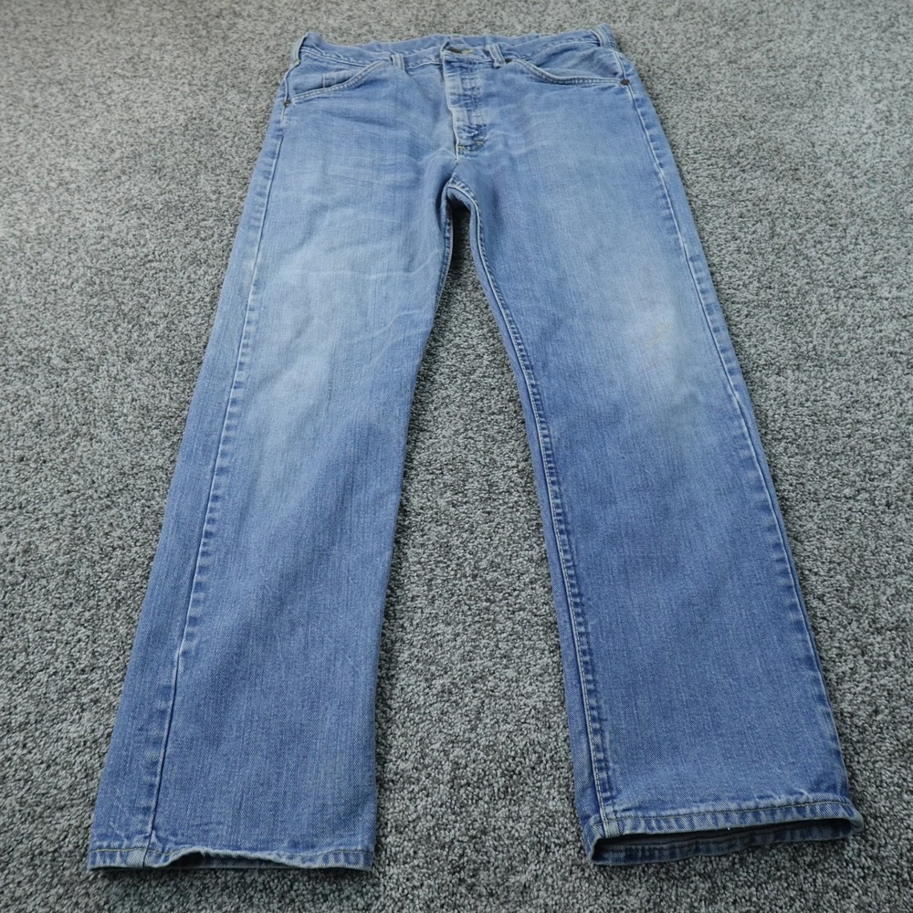 VTG Lee Jeans Mens 36X30 Light Blue Denim Pants Talon Zip Straight Leg Faded USA